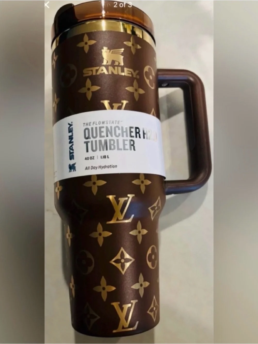Brown Gold Stanley Logo Tumbler Travel Mug with Handle & straw BRAND NEW in BOX
